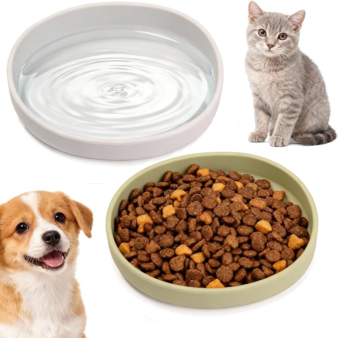 Silicone Cat Bowl Shallow Non-Slip Cat Dishes Relief Whisker Fatigue Small Pet Dog Bowls for Dry & Wet Food, Set of 2