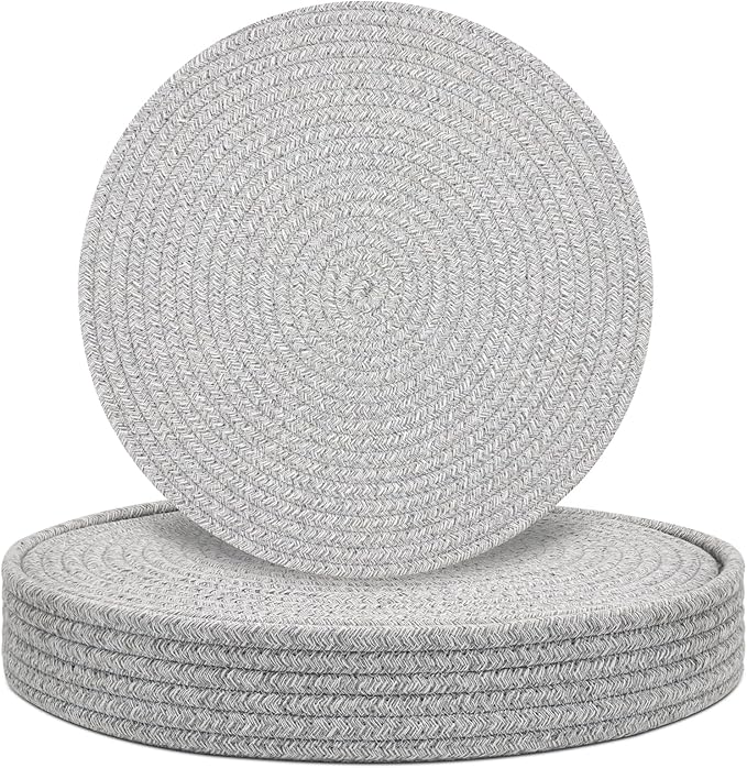 Round Placemats Set of 6 with Holder, Cotton Rope Woven Place Mats, Hot Pads for Kitchen, Heat Resistant Table Mats, 13 Inch Farmhouse Washable Braided Placemat for Kitchen Decor (Gray)