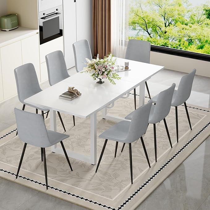 Extendable Dining Table Set for 8, 55"–71" Modern White Kitchen Table with 8 Upholstered Chairs, Space-Saving for Living Room Apartment, Sturdy & Comfortable, Easy Assembly