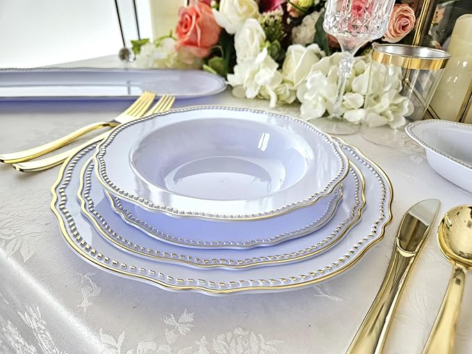 " OCCASIONS " 240 Plates Pack,(120 Guests) Heavyweight Premium Disposable Plastic Plates Set -120 x 10.25'' Dinner + 120 x 7.5'' Salad/Dessert (Rochelle Blue and Gold)