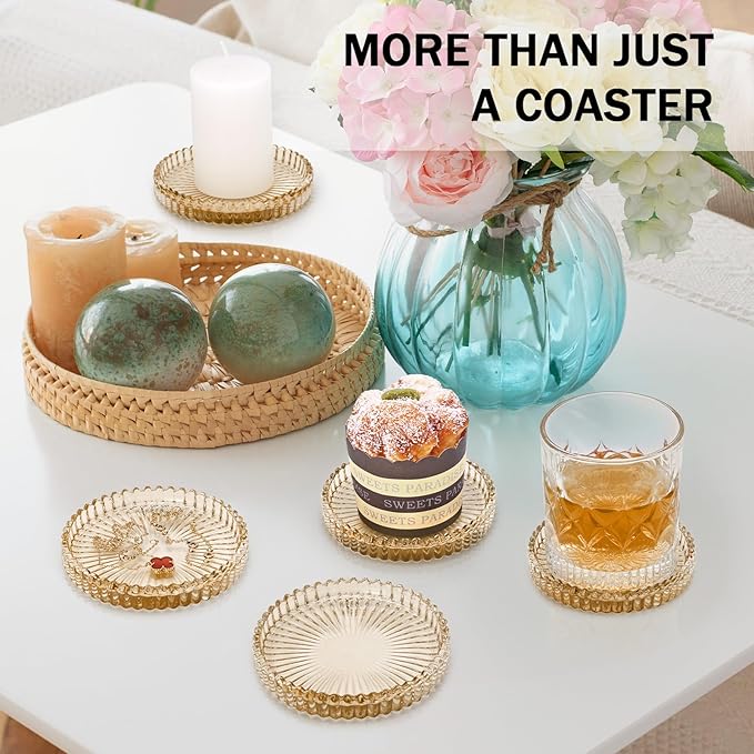 Vintage Glass Coasters, GOH DODD Set of 6 Crystal Coasters Tabletop Protection for Drinks, Home Decor, Kitchen, Living Room, Patio, Wedding, Party, Housewarming Gifts, Amber