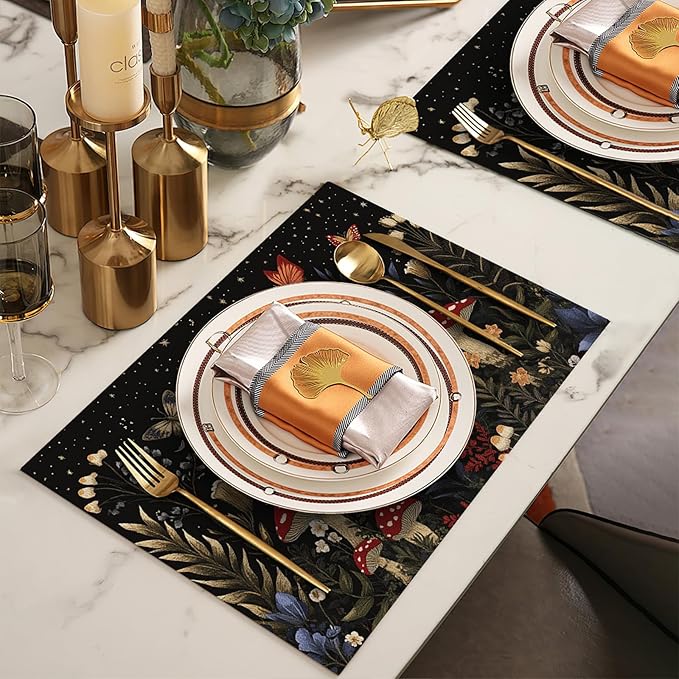 Mushroom Botanical Placemats Set of 4, Mushroom Plants Leaves Butterfly Place Mats, Moon Waterproof Washable Table Mats for Home Party Indoor Kitchen Dining Table Decoration 12x18 Inch