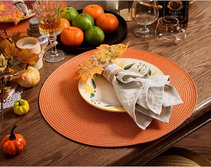 AHHFSMEI Round Braided Placemats 15 Inch Round Table Mats for Dining Tables Natural Woven Heat Resistant Place mats Set of 6 (Orange)