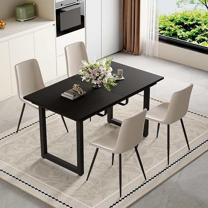 Extendable Dining Table Set for 4, 55"–71" Modern Black Kitchen Table with 4 Upholstered Chairs, Space-Saving for Living Room Apartment, Sturdy & Comfortable, Easy Assembly