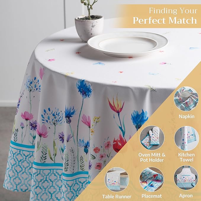 Maison d' Hermine Table Cloth Round Table 100% Cotton 69 Round Inches Tablecloth Reusable Decorative for Dining Room Farmhouse Home Valentines Day Decorations Spring Summer - Flower in The Field