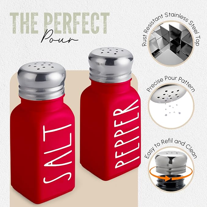 Red Salt and Pepper Shakers Set with Holder by Brighter Barns - Dining Table Decor, Modern Farmhouse Kitchen Decor - Christmas Salt and Pepper Shakers with Caddy for Restaurant, RV, Airbnb, Gift (Red)