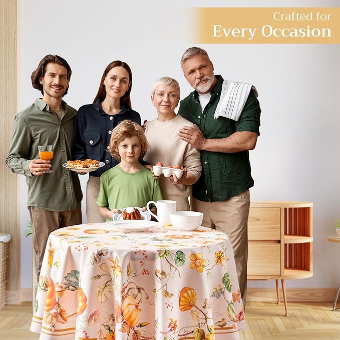 Maison d' Hermine Table Cloth Round Table 100% Cotton 63 Inches Fall Tablecloth Reusable Everyday Use for Thanksgiving Christmas Decorations Dining Farmhouse Party (Potiron)