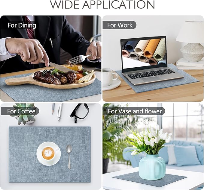 Faux Leather Placemats Set of 8 Washable PU Table mats for Kitchen Table - Heat Resistant, Waterproof, Easy Clean, Anti Slip 11.8" x 17" (Light Blue-8 Pack)