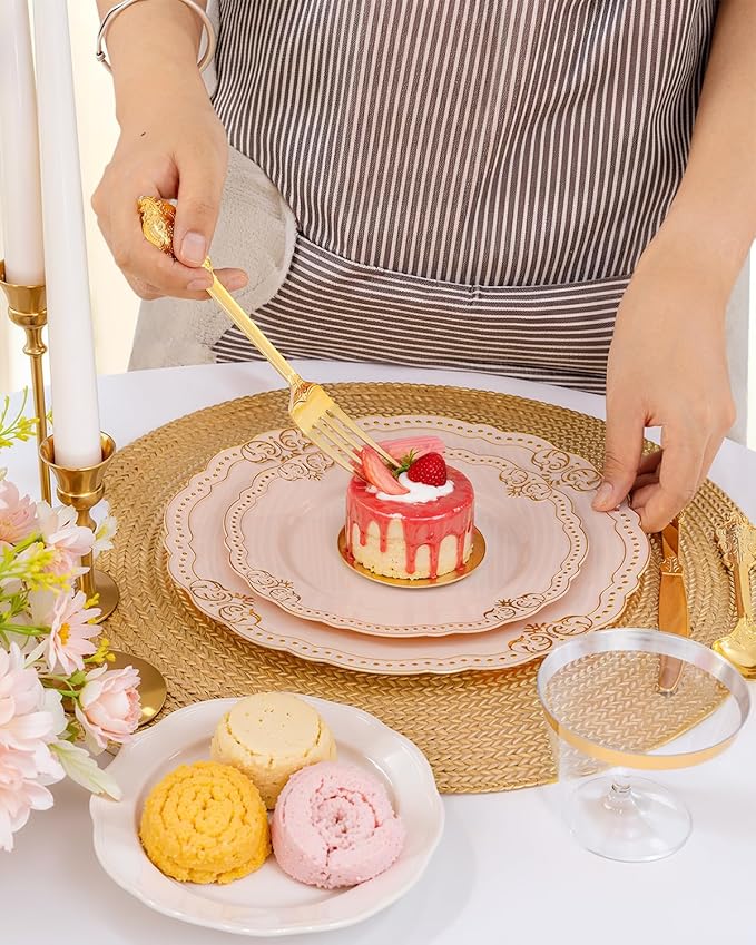 Ciaell 350 PCS Pink Plastic Plates - Pink and Gold Disposable Plates Include 50 Disposable Plate, 150 Heavy Duty Silverware, 50 Cups, 50 Napkins for Wedding & Party & Anniversary & Valentine's Day