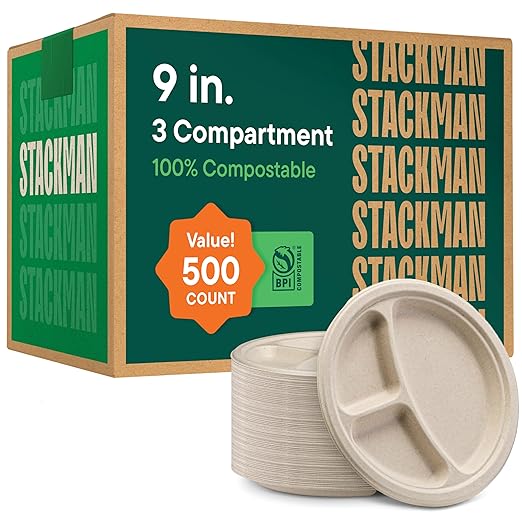 100% Compostable Paper Plates 9 Inch Bulk [500 Count] Heavy-Duty Dinner Plates with Compartments - Natural Brown Color Bagasse - Eco-Friendly Disposable Biodegradable Sugarcane - [Case 4/125 Pack]