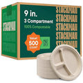 100% Compostable Paper Plates 9 Inch Bulk [500 Count] Heavy-Duty Dinner Plates with Compartments - Natural Brown Color Bagasse - Eco-Friendly Disposable Biodegradable Sugarcane - [Case 4/125 Pack]