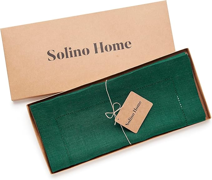 Solino Home Linen Rainforest Green Hemstitch Table Runner 48 Inches - 100% Pure Linen Small Table Runner 14 x 48 Inch Ideal for Dresser and Coffee Tables, St Patricks Day - Classic Hemstitch