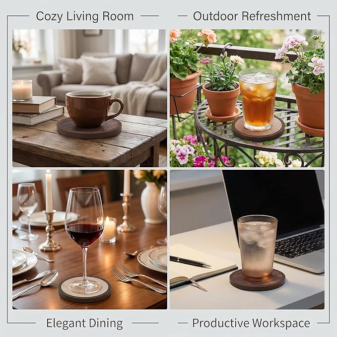 Absorbent Coasters for Drinks with Holder - 6packs, Silicone Coaster with Soft Felt Insert (4.3 inch Coasters with 4.5 inch Holder, Wooden Style)