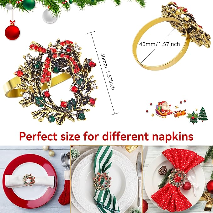 ZeeDix Christmas Wreath Napkin Rings Set of 24, Holiday Christmas Napkin Ring Holders for Cloth Napkins, Serviette Buckles for Thanksgiving Holiday Dinner Party Table Setting