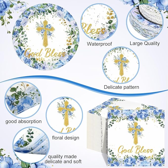 Pickmesh 250 Pcs Blue Baptism Cross Disposable Tableware Set First Holy Communion Baptism Disposable Paper Plates Napkins and Cups for Christening Celebration Baby Shower Religious Supplies