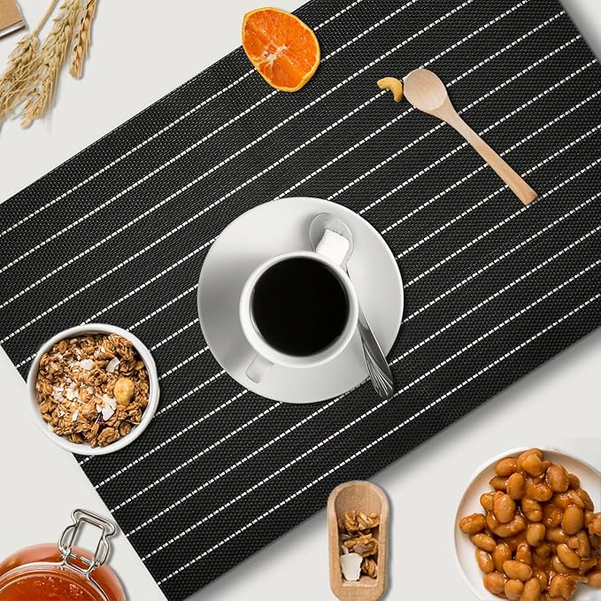 Placemats Set of 4 Vinyl Washable Black White Placemats, 18"x12" Wipeable Heat-Resistant Non-Slip Easy Clean Table Mats Ideal for Dining Table Table Runner and Outdoor (4, Black White Stripe Black)