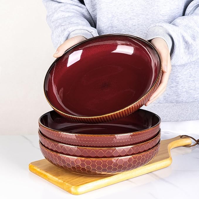 GBHOME 9.5'' Large Pasta Bowls, 42 Ounce Stoneware Salad Bowls for Kitchen, Ceramic Serving Bowls With Textured Pattern for Pasta,Fruit, Stews,Noodle, House-warming Gift,Set of 4-Burgundy Red