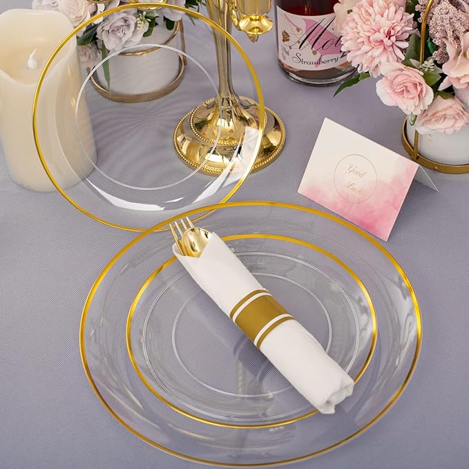 Rubtlamp 140Pcs Gold Plastic Plates, Clear Disposable Plates with Gold Trim, gold Dinnerware Include 20Dinner Plates,20Salad Plates, 20Cups,20Silverware With Pre Rolled Napkins