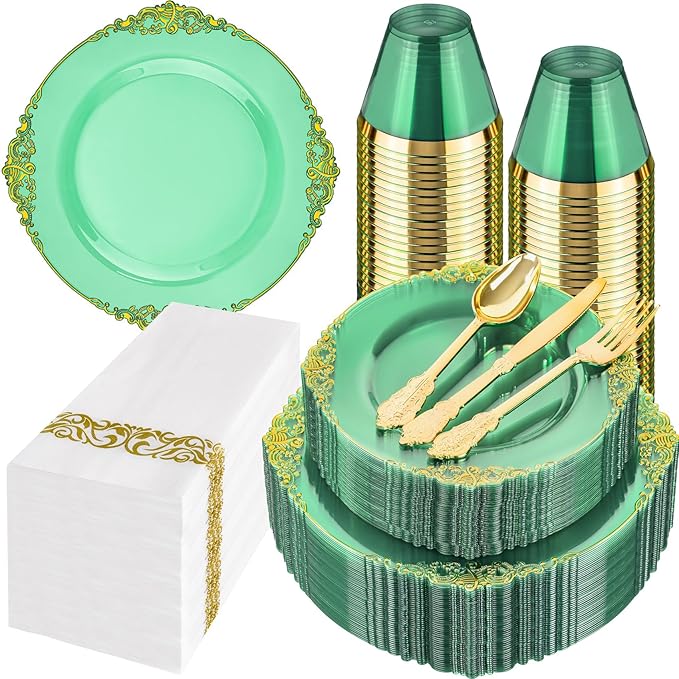 Hioasis 350pcs Green and Gold Plastic Plates - Green Party Plates for 50 Guest, Include 100 Heavy-duty Plates(20% Thicker Than Standard), 150 Cutlery Set, 50 Napkin, 50 Cups for St. Patrick's Day