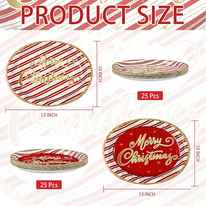 50Pcs Christmas Oval Paper Plates 10" x 12" Large Disposable Heavy Duty Red and Gold Stripe Paper Platters Red Gold Xmas Party Platter for Merry Christmas Holiday New Year Dinner Party Supplies