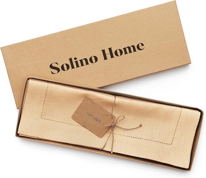 Solino Home Linen Cloth Placemats Set of 6-100% Pure Linen Hemstitch Beige Placemats 14 x 19 Inch - Classic Hemstitch Table Place Mats for Spring, Easter