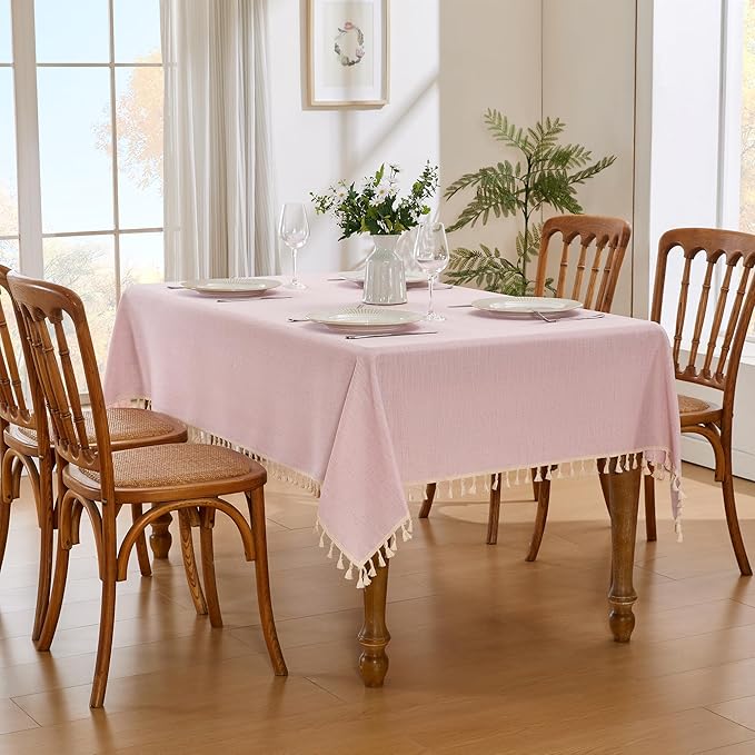 JIALE Valentines Textured Tablecloth, Heavy Duty Linen Style Farmhouse Table Cloth Rectangle Tables, Wrinkle-Free Washable Waterproof Table Cover for Kitchen, Dining, Parties, 55"x55", Pink