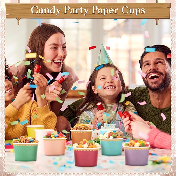 Zopeal 96 Pcs Colorful Disposable Ice Cream Bowls 9oz Candy Gradient Color Paper Snack Cups with Gold Scallop for Parties, Weddings, Baby Showers, Desserts, Yogurt, and Salads