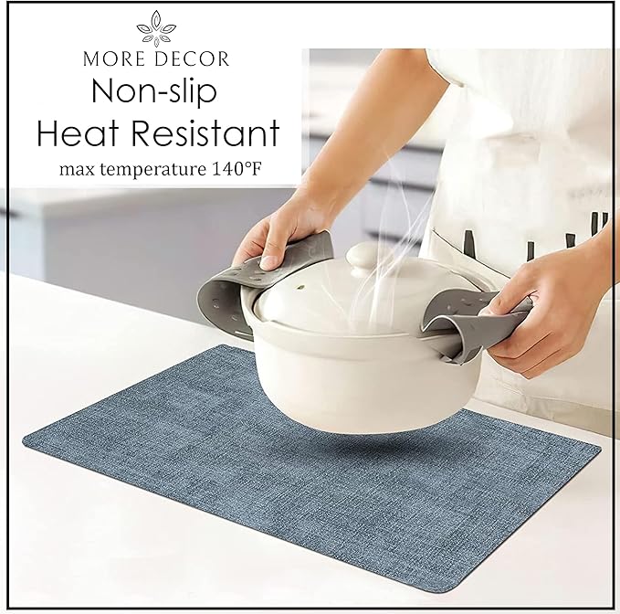 More Décor Faux Leather Placemats Set of 6 for Dining Table – Waterproof, Wipeable, Washable, Stain & Heat Resistant, Non-Slip Table Mats – 12 X 17 Inch, Blue
