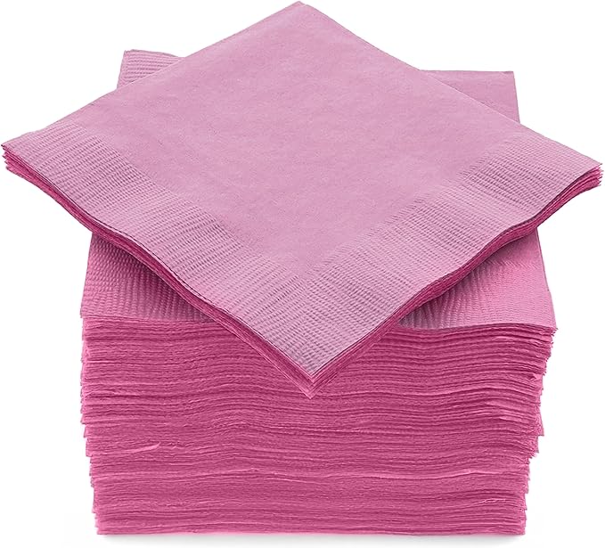 100 Pack Pink Beverage Napkins, Big Party Pack, 2 Ply, Ideal for Wedding, Party, Birthday, Dinner, Lunch, Cocktails. (5” x 5”) by Amcrate
