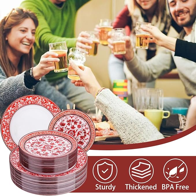 Hioasis 60pcs Red Plastic Plates Set - Floral Red & White Porcelain Design, 10.25" Dinner & 7.5" Dessert Plates Disposable for Christmas (Dishwasher Safe, Art Style)