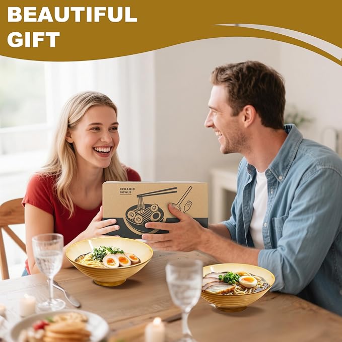 9.4-Inch 4 Sets Ceramic Ramen Bowl (16 Piece) - Japanese Porcelain Dishwasher Microwave Safe Salad Noodles Cereal Pasta Soup Large Bowls with Chopsticks Forks Spoons for Men Women Housewarming Gift