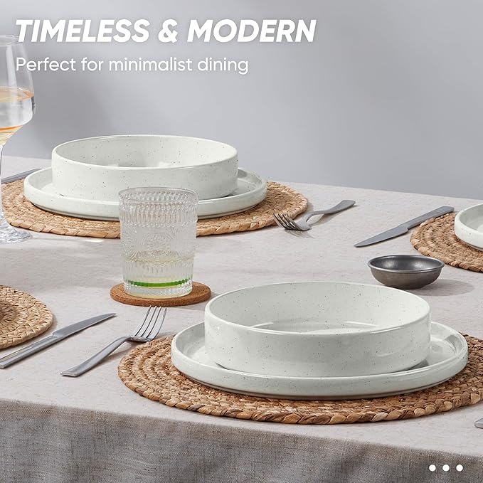 E-far 8-Piece Plates and Bowls Sets - Stoneware Dinnerware Sets with Pasta Bowls for 2 | Microwave & Dishwasher Safe Kitchen Modern Dish Set, Speckled White