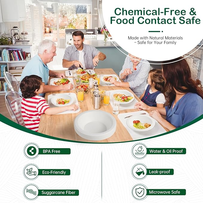 𝟭𝟲 𝗼𝘇, 𝟭𝟮𝟴-𝗣𝗮𝗰𝗸 Compostable Paper Bowls, Heavy-Duty Biodegradable Disposable Bowls Made from Bagasse, Eco-Friendly, Microwave & Freezer Safe (White)