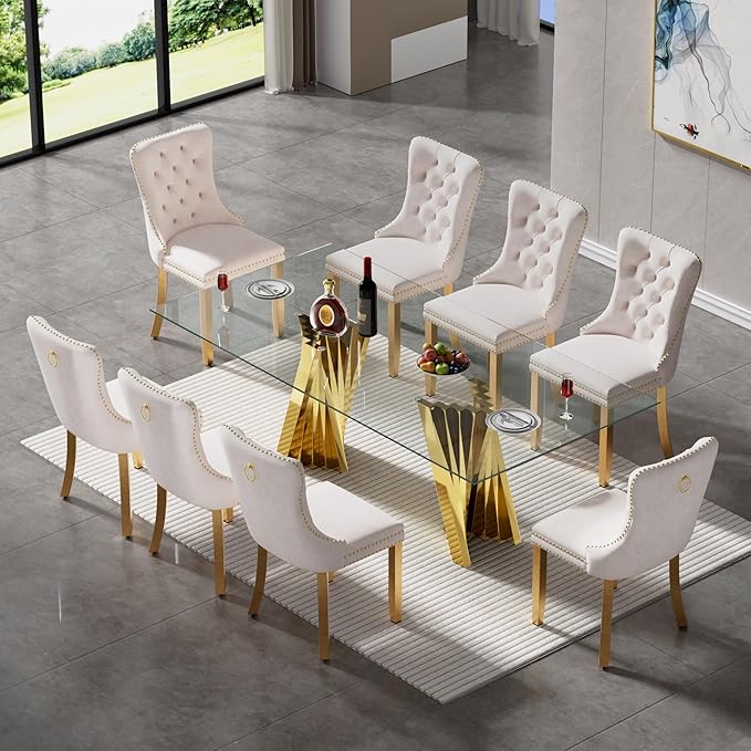 9 Piece Glass Dining Table Set,70" Dinner Room Glass Table Set for 8,Modern Kitchen Dinner Table Set with Stainless Steel Base and 8 Upholstered Velvet Dining Chairs for Living Dining Room