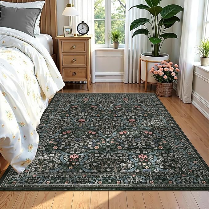 GarveeHome Floral Area Rugs 5x7, Washable Rug for Living Room, Bedroom, Low Pile Non Slip Stain Resistance Indoor Boho Carpet Mat for Farmhouse, Dining Room, Office,Dark Black