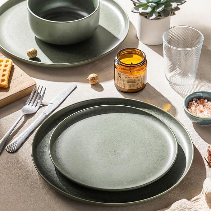 LERATIO Stoneware Dinnerware Sets for 4,Handcarft Ceramic Plates and Bowls Sets,Chip and Scratch Resistant Dishes, Dishwasher & Microwave Safe, Oven safe,Reactive Glaze-Green