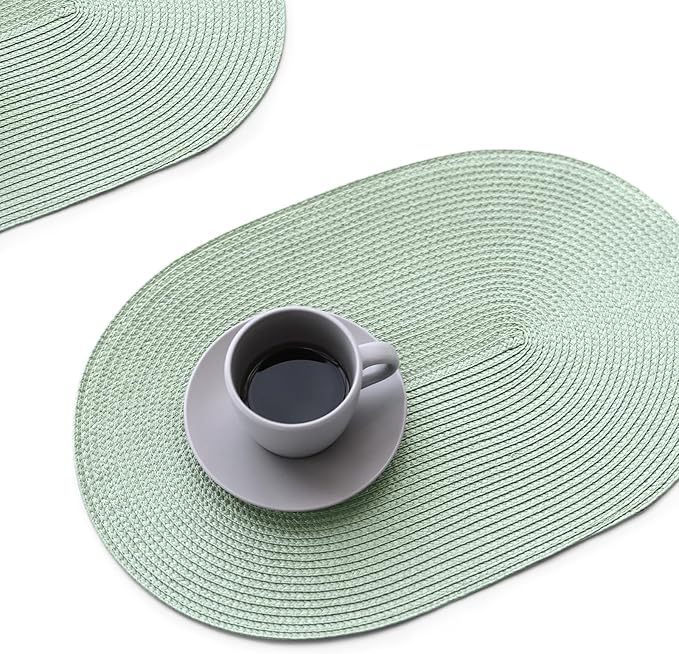 FunWheat Oval Braided Placemats Set of 4 Table Mats for Dining Tables Washable Heat Resistant Place Mats for Indoor Outdoor Use 12 x18 Inch (Oval Fog Green, 4pcs)