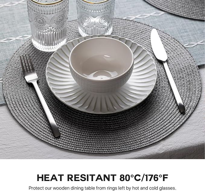 Round Placemats Set of 12 Plastic Woven Placemats Washable Wipeable Table Mats for Dining Table Heat Resistant Non-Slip Circle Place Mats (Gray)