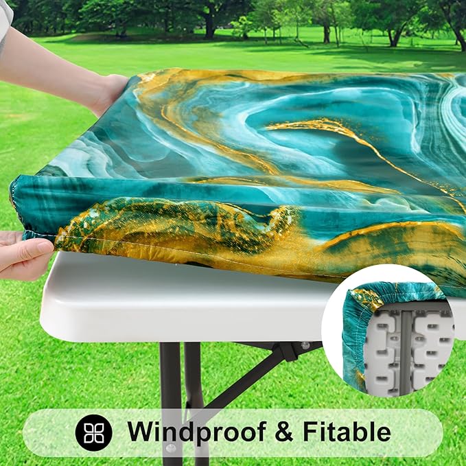 Smiry Rectangle Table Cloth Cover, Waterproof Elastic Fitted Picnic Tablecloth for 6 Foot Tables, Wipeable Flannel Backed Vinyl Tablecloths for Camping, Dining, Outdoor (Teal & Gold, 30" x 72")