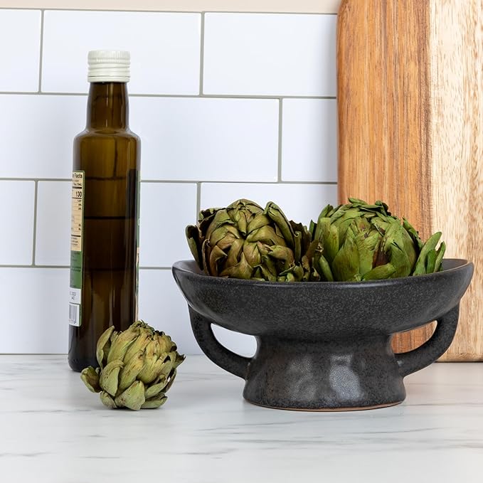 Creative Co-Op Stoneware Bowl with Handle and Base, Black Reactive Glaze
