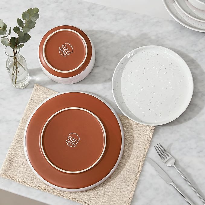 GZG Modern Art Series - 6 Pcs Speckled Stoneware Plates and Bowls Sets, Ceramic Dinnerware Set with Rustic Terracotta Underside, Microwave and Dishwasher Safe Handcrafted Dishes Set - Porcelain White