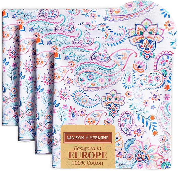 Maison d' Hermine Cloth Napkins Set of 4 100% Cotton Everyday Reusable Square Napkins Cloth Washable Dinner Party Wedding Restaurant Valentines Day Decorations Spring/Summer (Indian Floral, 20" x 20")