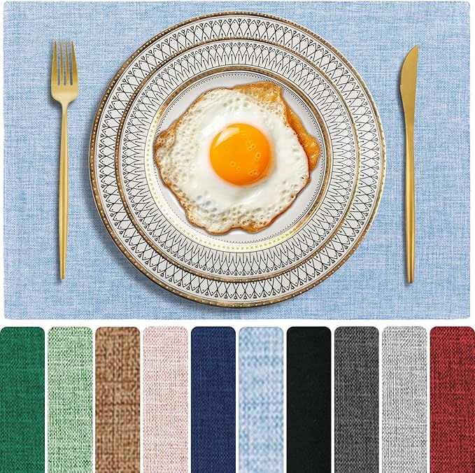 Cloth Placemats Set of 6, Cotton Linen Blend Machine Washable Double Layered Place Mats, Heat Resistant Placemats Wrinkle Free Thick Fabric Dining Table Mats for Indoors & Outdoors (Light Blue, 6)