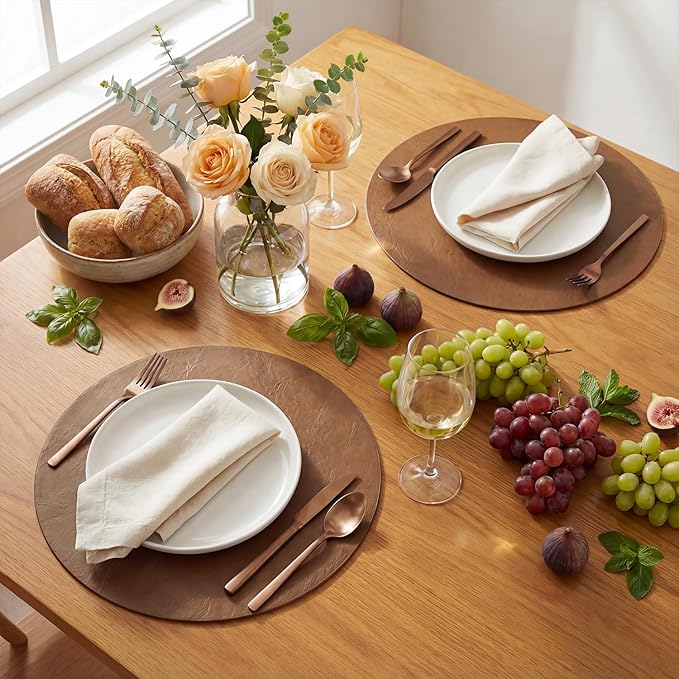 Artoid Mode Brown Faux Leather Placemats Set of 4, 15 Inch Waterproof Wipeable Heat Resistant Vinyl Place Mats, Reversible Table Mats for Kitchen Dining Decor