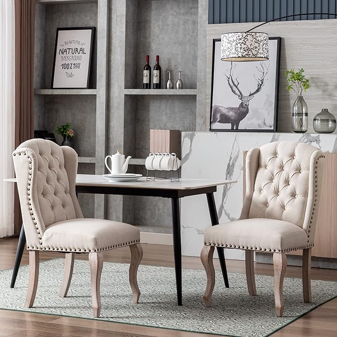Parsons Dining Chairs Set of 2 Farmhouse Solid Wood Accent Chairs Linen Fabric Host Side Kitchen Chair with Tufted Wingback for Dining Room/Living Room/Bedroom,Cream