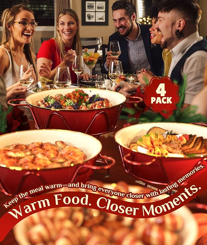 Chafing Dishes for Buffet 4 Pack, [Enameled, Redefined] Food Warmers for Parties Buffet [Water-Free Heating Design] 7QT Chafing Dish Buffet Set, Buffet Servers and Warmers for Any Party