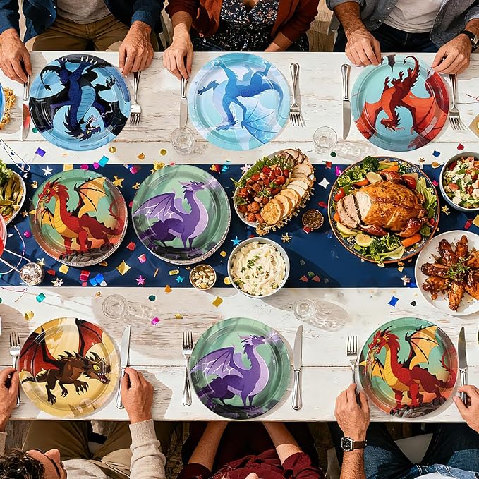 60Pcs Dragon Party Supplies 9” Fire Dragon Party Plates Disposable Dragons Theme Paper Plates Dessert Tableware Set for Kids Boys Fantasy Birthday Supplies Serves 24
