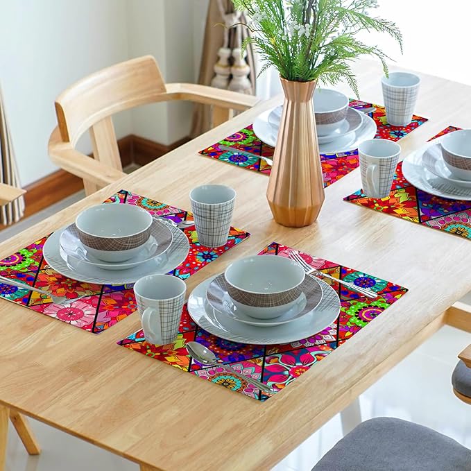 Boho Placemats Set of 4 - Bohemian Flowers Place Mats 12x18 Colorful Floral Table Mats Kitchen Mats for Party Dining Table