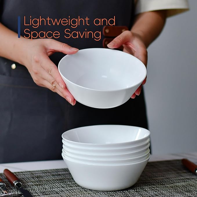 16OZ White Opal Glass Cereal and Soup Bowl Set of 4, 6 inch Dishwasher & Microwave Safe Round Bowls for Salad and Rice