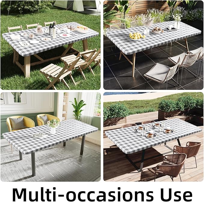 Smiry Rectangle Picnic Table Cloth, Elastic Waterproof Fitted Vinyl Tablecloths, Flannel Backed Buffalo Plaid Table Covers for Dining, Camping, Outdoor (White and Grey, 36" x 72")